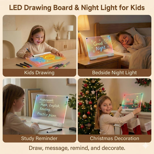 Vonieion 14" x 10" LED Light Up Drawing Board for Kids, 7 Colors Rechargeable Glow Doodle Board, Adjustable Brightness Neon Writing Tablet, Magic Night Light Decor, Birthday Gift for Boys Girls