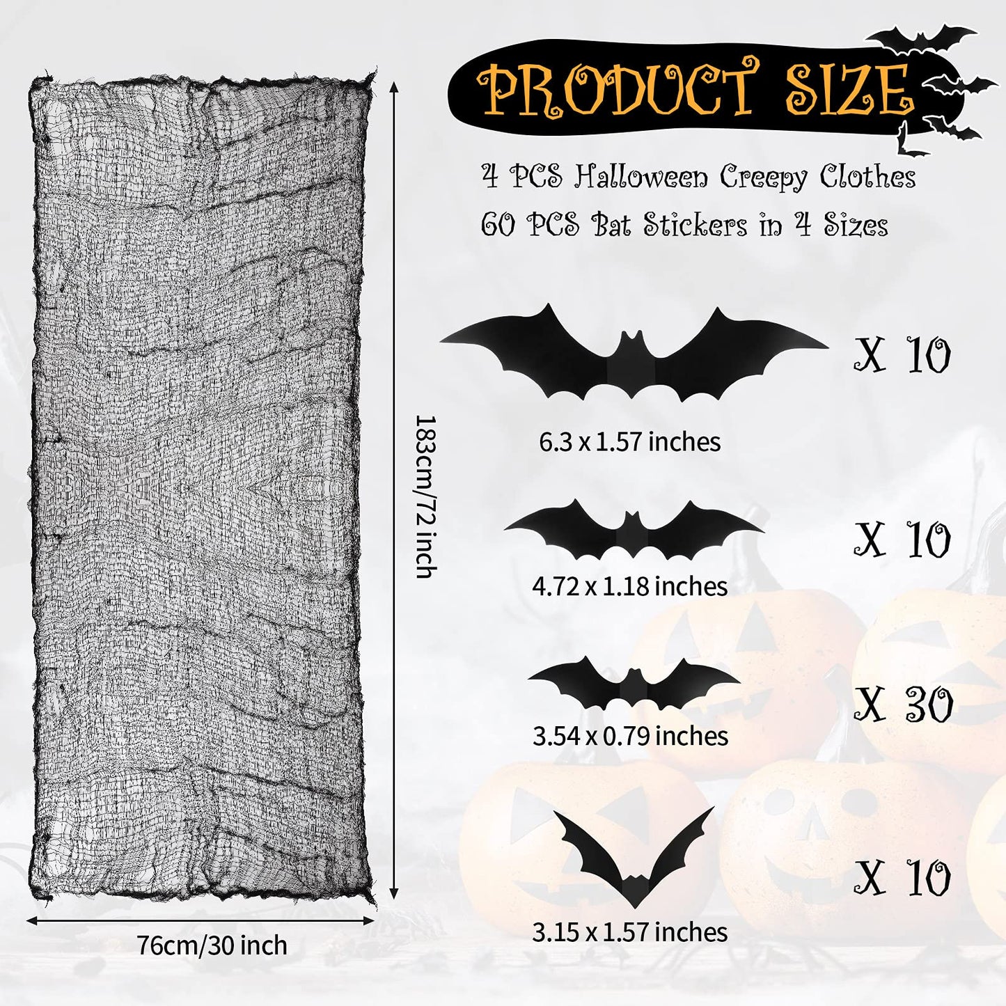 Tegeme 4 Pieces Halloween Black Creepy Cloth 30x72 Inch Spooky Scary Cheesecloth Freaky Polyester Gauze Cloth with 60 Pieces 3D Bat Sticker for Halloween Party Outdoor Yard Wall Decoration