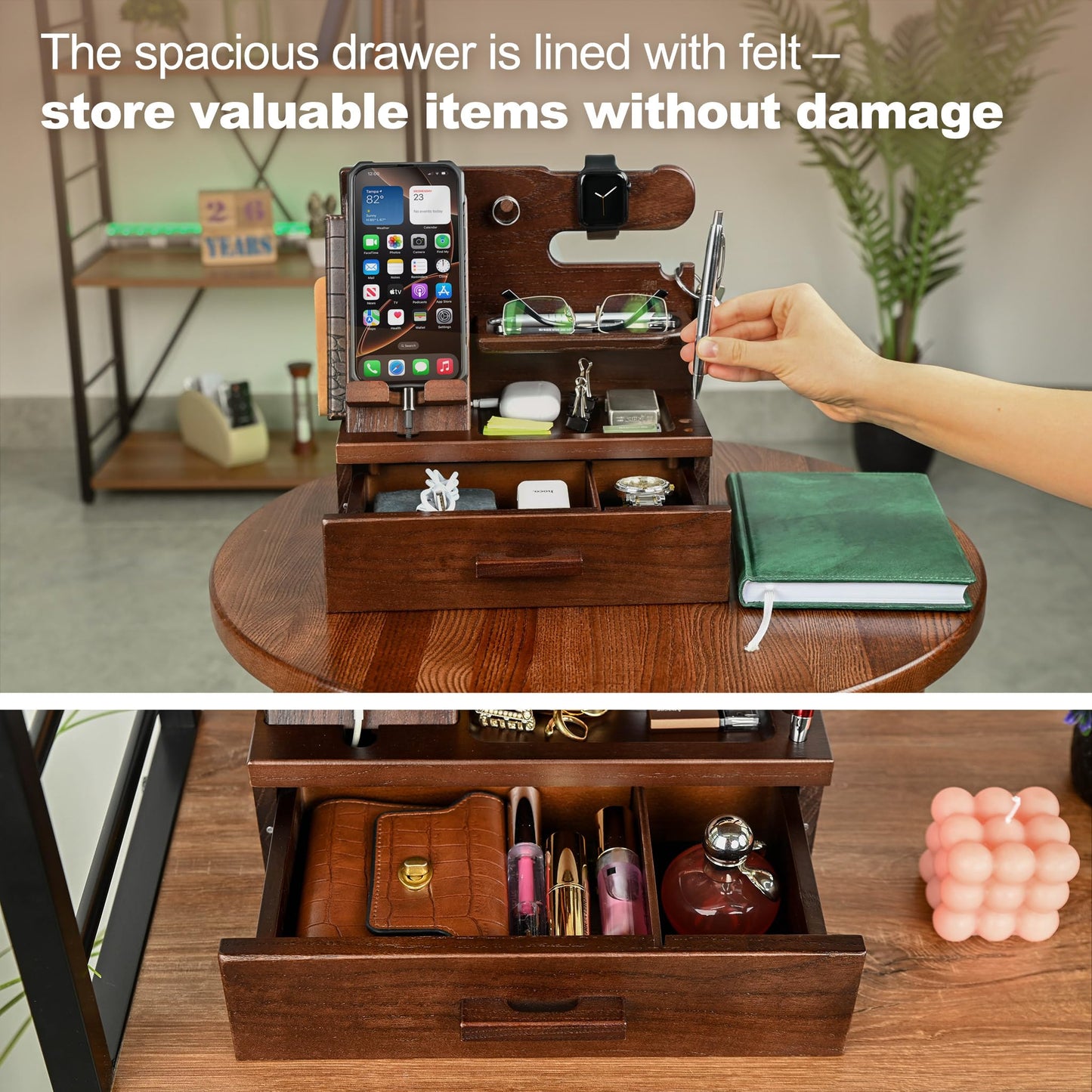 TESLYAR Wood Phone Docking Station with Drawer - Nightstand Organizer - Desk Organizer for Husband - Birthday Gifts for Men, Dad, Anniversary, Key Holder Stand Watch, Accessories (Chocolate Brown)