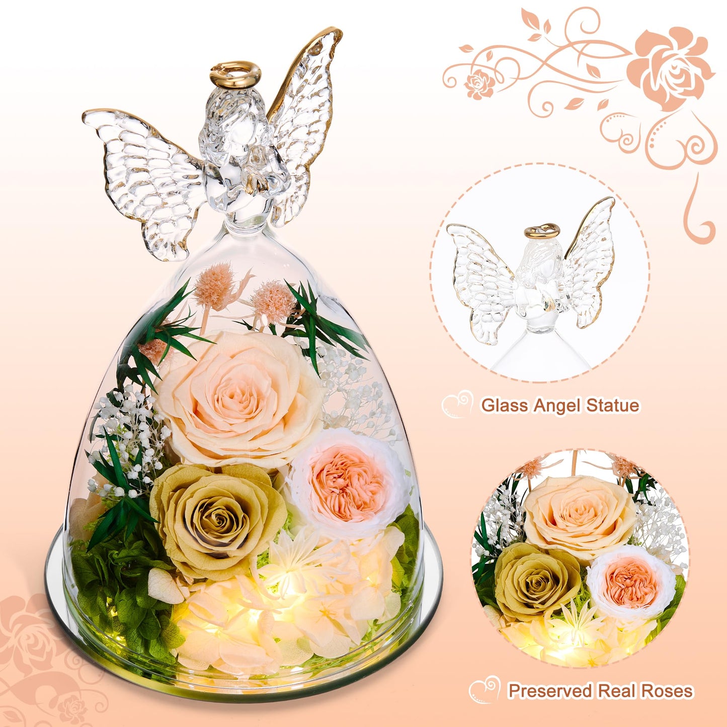 Tiaronics Mothers Day Rose Gifts for Women Preserved Real Flower in Glass Angel Figurines Roses for Delivery Prime Birthday Gifts for Mom Grandma Girlfriend Wife Her, ChampagneGold Austin