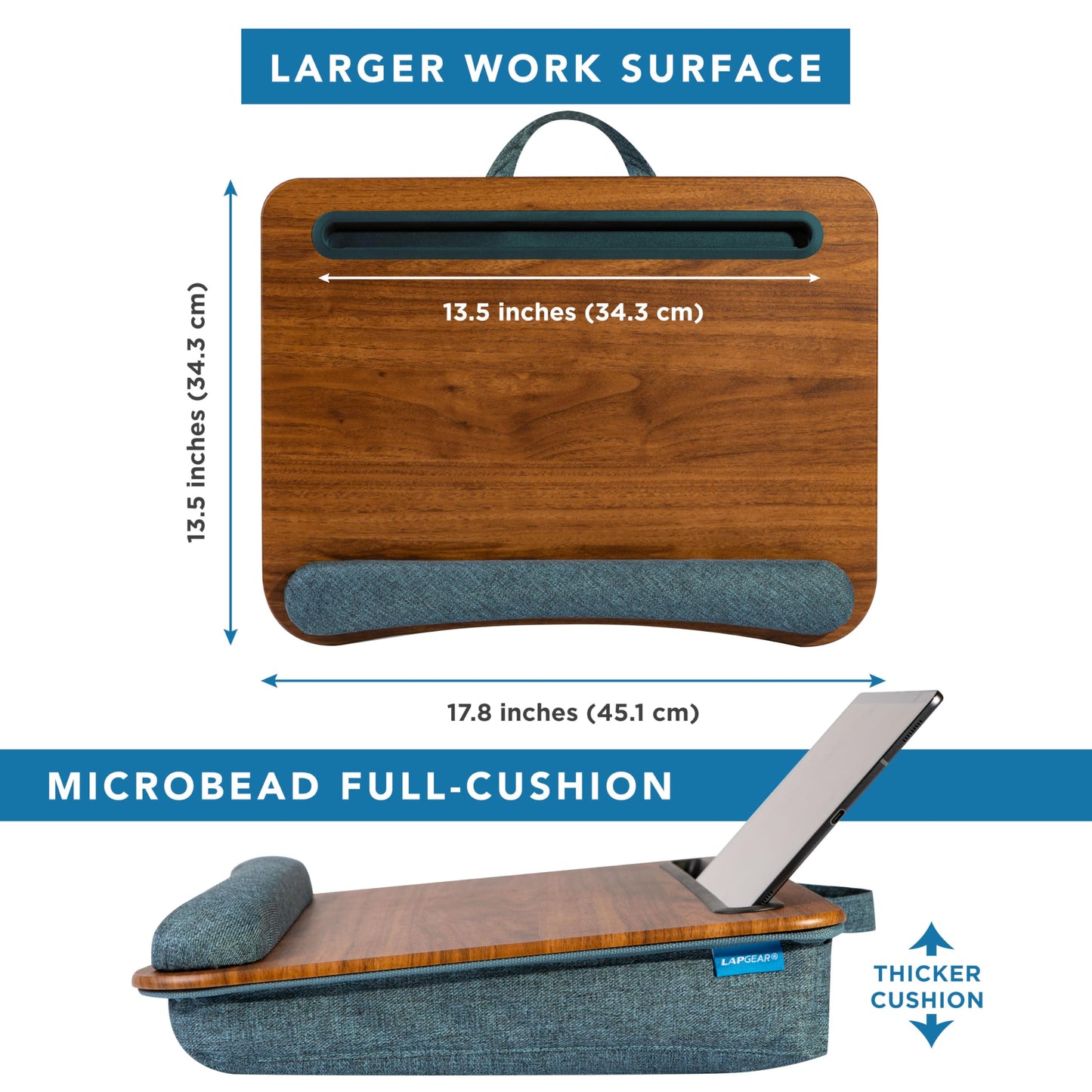 LAPGEAR Portable Laptop Lap Desk with Pillow Cushion, Anti-Slip Strip, Tablet or Phone Storage Slot, Pen and Pencil Pocket, and Wrist Rest - Espresso Woodgrain - Fits 15.6" Laptops - Style No. 91342