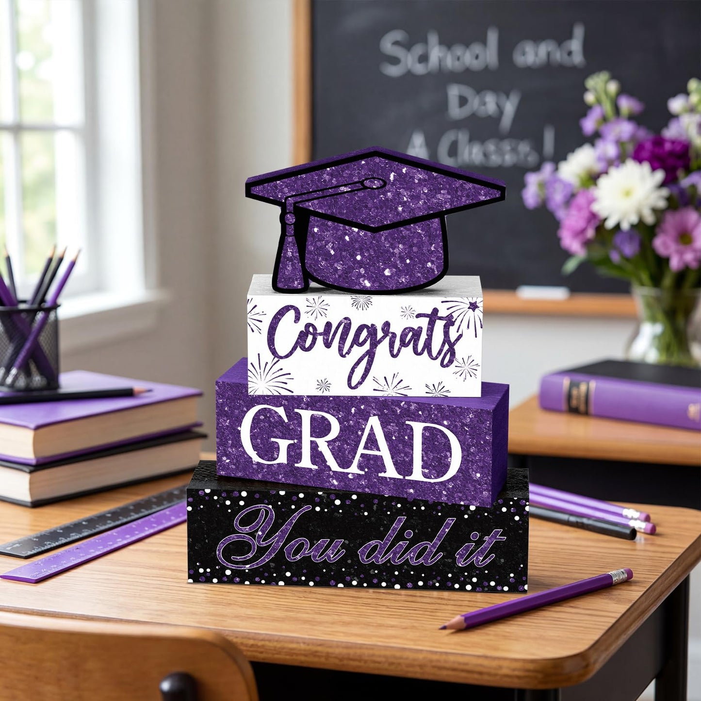 Cinnvoice 4 Pcs Graduation Table Decor 2026 Congrats Grad Centerpiece Class of 2026 Wood Sign Graduation Tiered Tray Decor Farmhouse Congratulate Gifts for Home Shelf Party Decorations(Purple)