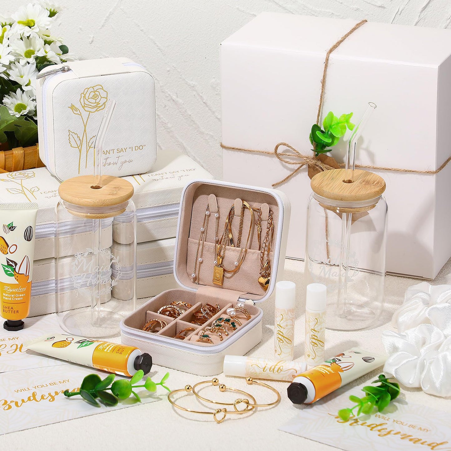 Teenyyou 60 Pcs Bridesmaid Proposal Gifts Bridesmaid Box Set Maid of Honor Gift Wedding Bridal Shower Include Jewelry Box Glass Cup Scrunchies Hair Knotted Bracelets Hand Cream Lip Balm Cards(White)