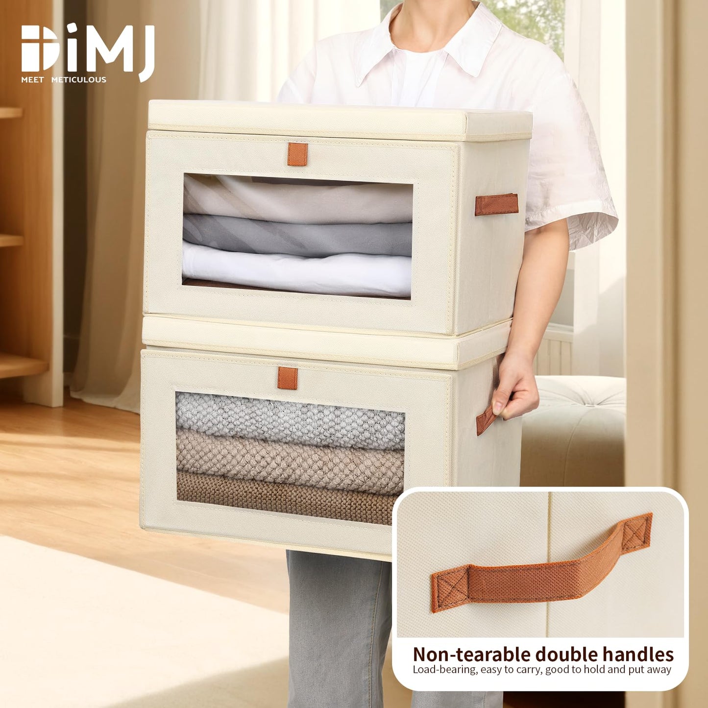 DIMJ Storage Bins with Lids - 6 Pack Large Fabric Closet Organizer with Window & Handles, Collapsible Decorative Storage Boxes for Shelves Under Bed, Books Clothes Blankets Sweaters Organization