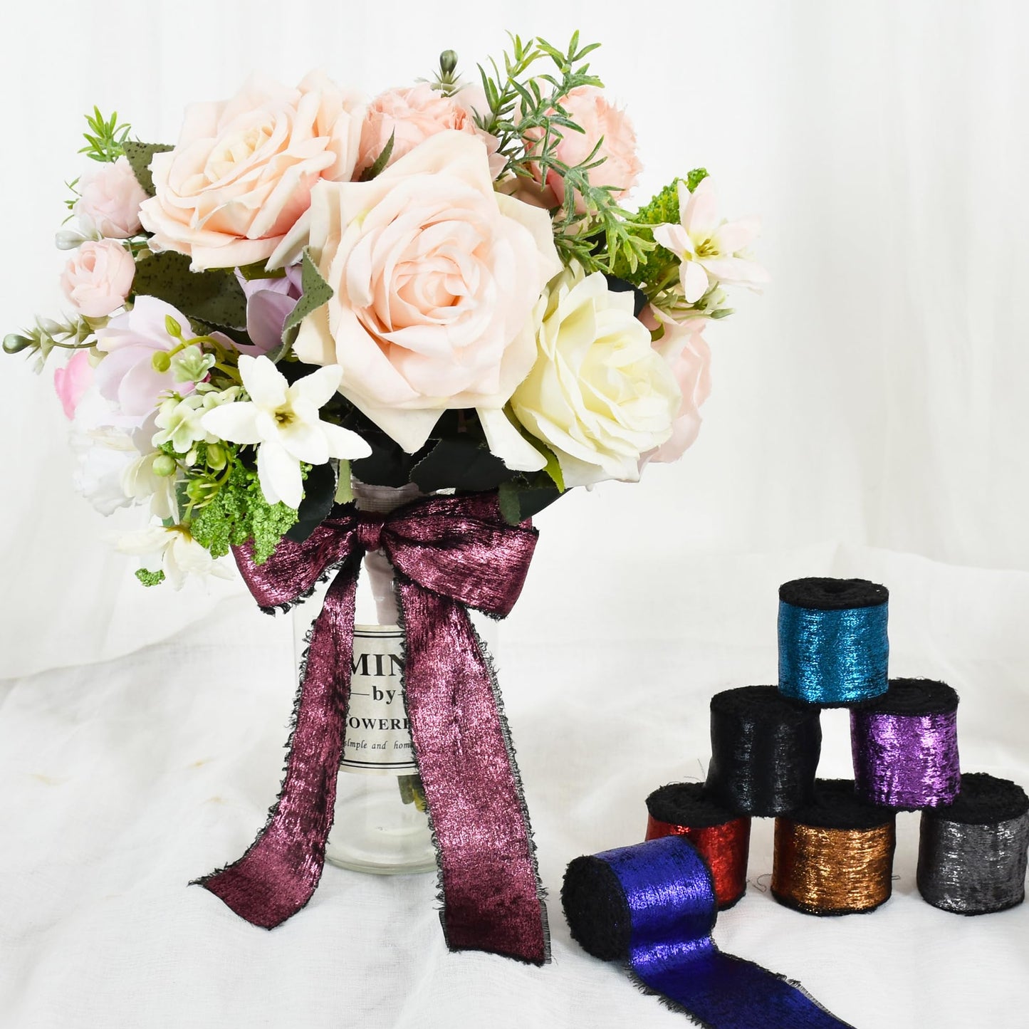 RIBBOOO 3 Rolls Black Silk Satin Ribbon, 1.5 Inch 15 Yards Chiffon Frayed Ribbon for Flower Bouquet, Gift Wrapping, Wedding, Birthday Party Decor