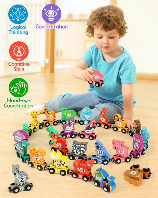 Helsort Wooden Alphabet Train Set for Toddlers – Magnetic ABC Train with Snap-Connection, Animal-Themed Educational Preschool Toy for Kids Ages 3-5, Montessori STEM Learning Gift for Boys and Girls