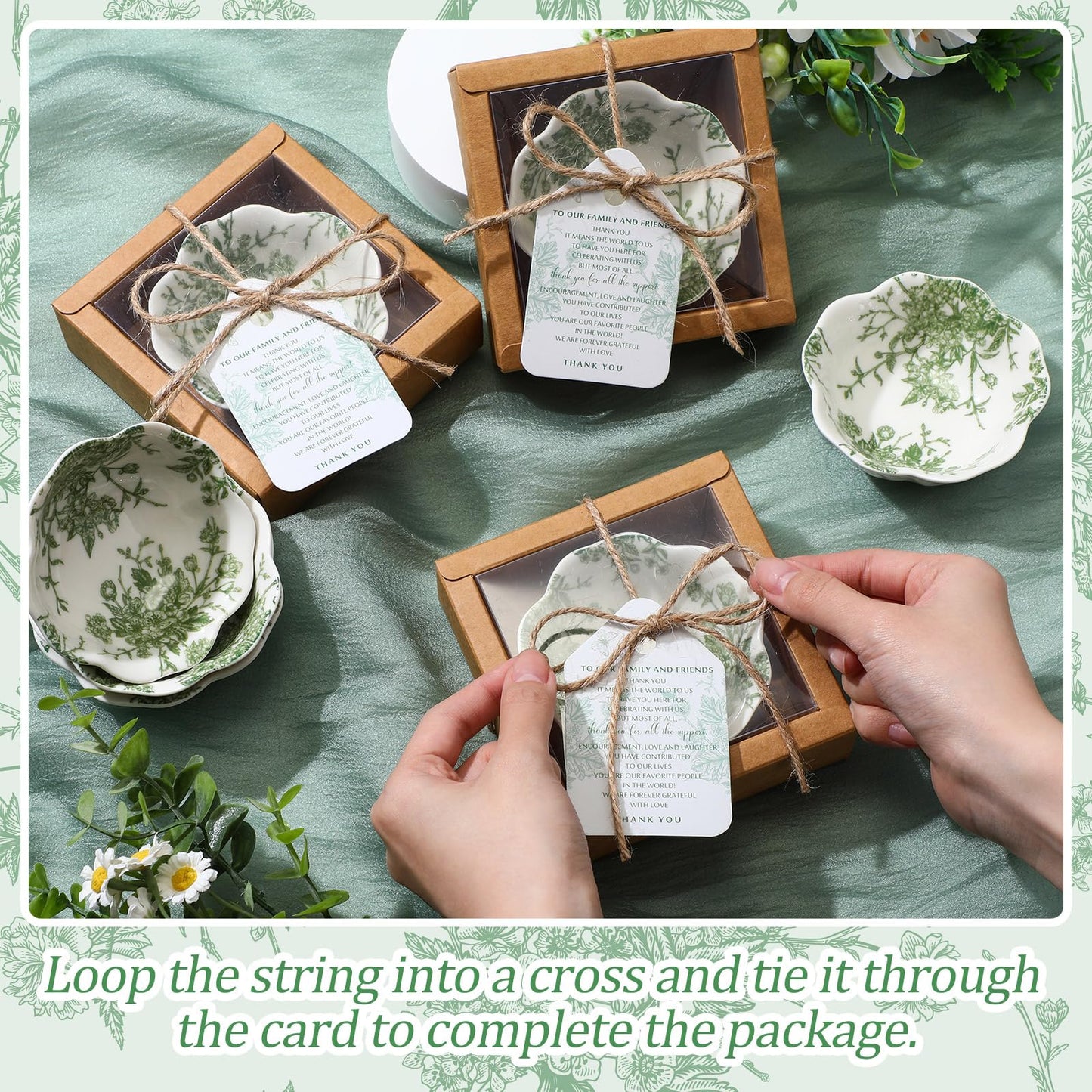 Teenyyou 40 Pack Wedding Favors for Guests Small Ceramic Bowls Bulk Gifts Set 3.3 Inch Sage Green Verdure Design Mini Dipping Bowl Sauce Dish with Cards Box for Party Shower Favor Souvenir