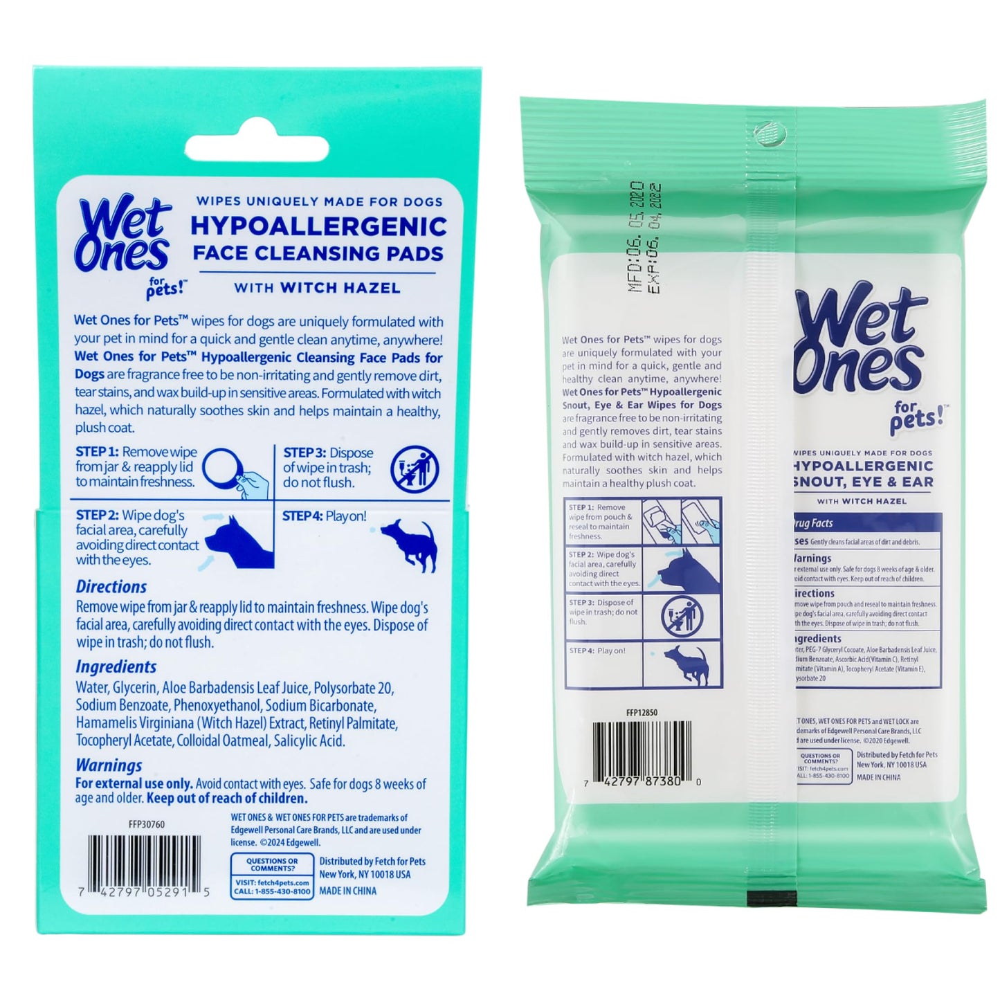 Wet Ones for Pets Hypoallergenic Face Cleansing Pads Fragrance-Free 3.2 in Round 50 ct + Extra Gentle Dog Wipes with Witch Hazel Fragrance-Free Snout Eye Ear 30 ct Bundle