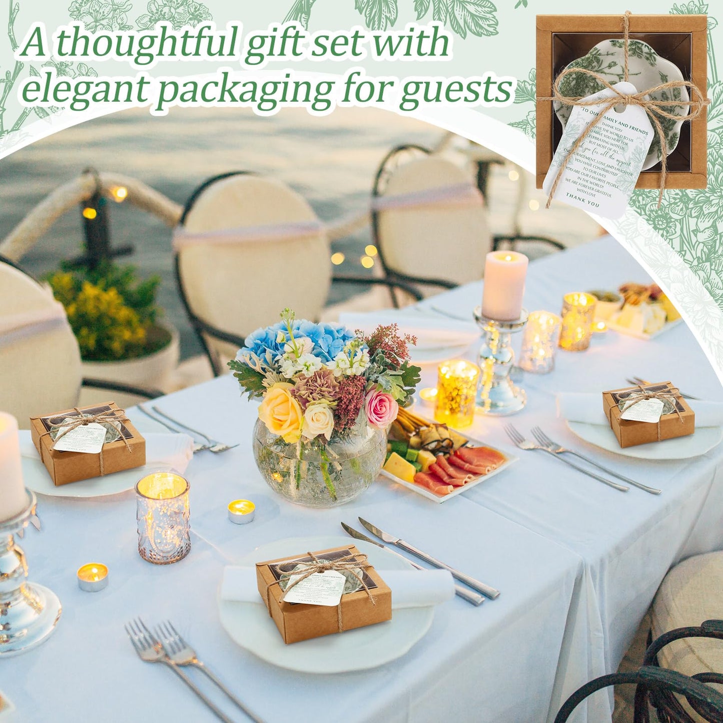 Teenyyou 40 Pack Wedding Favors for Guests Small Ceramic Bowls Bulk Gifts Set 3.3 Inch Sage Green Verdure Design Mini Dipping Bowl Sauce Dish with Cards Box for Party Shower Favor Souvenir