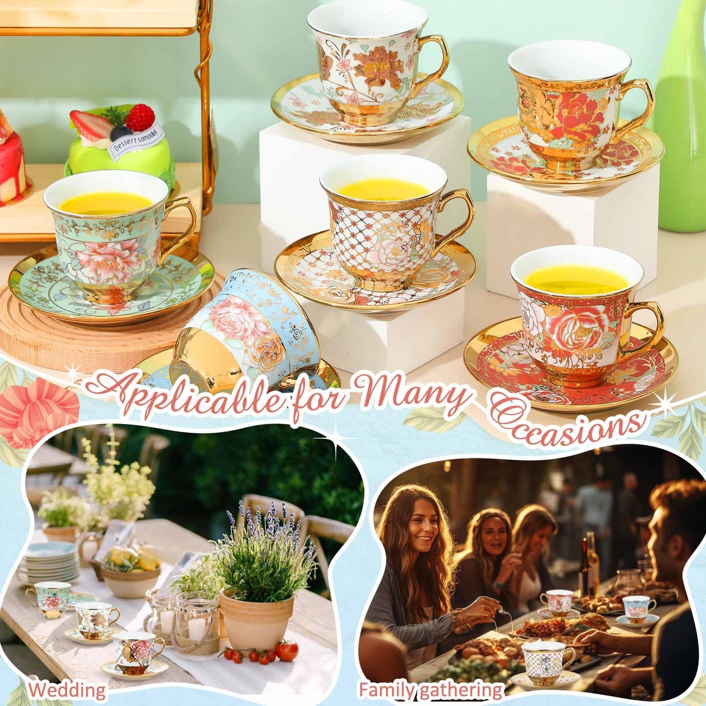 Teenyyou Set of 12 Tea Cups and Saucers Tea Party Decorations Floral Porcelain 7.4 oz British Gift for Women Birthday Party, Church, and Mother's Day (Stylish Style)
