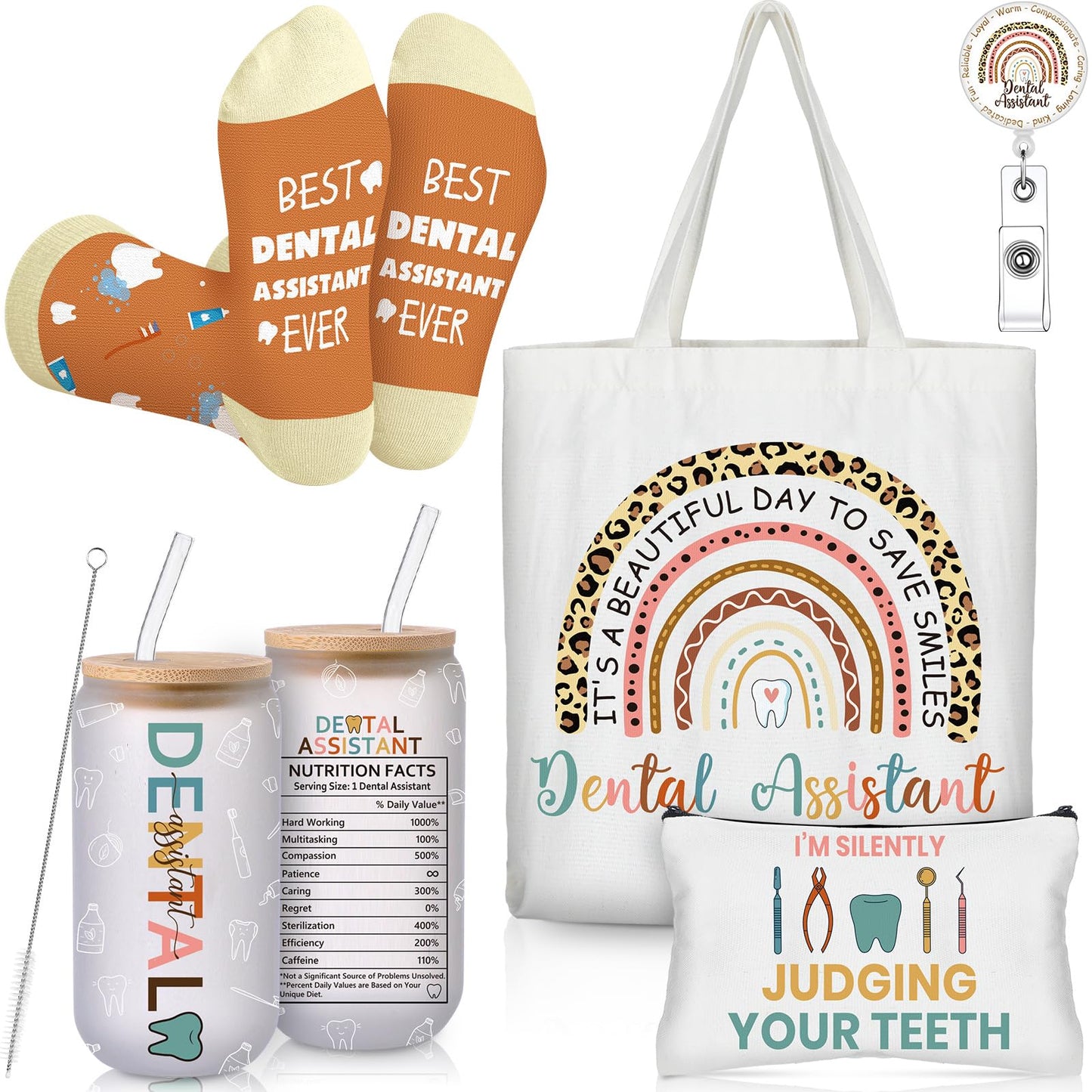 Dingion 5 Pcs Dental Assistant Gifts Set for Women Include 16 oz Glass Cup Tote Bag Cosmetic Bag Badge Holder Socks Appreciation Gifts for Dentist Dental Assistant Hygienist Accessories