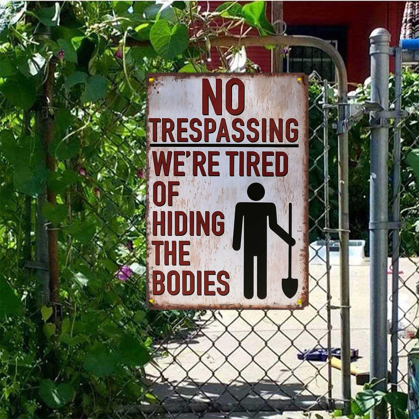 Halloween Decorations No Trespassing Sign-8x12inch Funny Metal Tin Sign We'Re Tired Of Hiding The Bodies