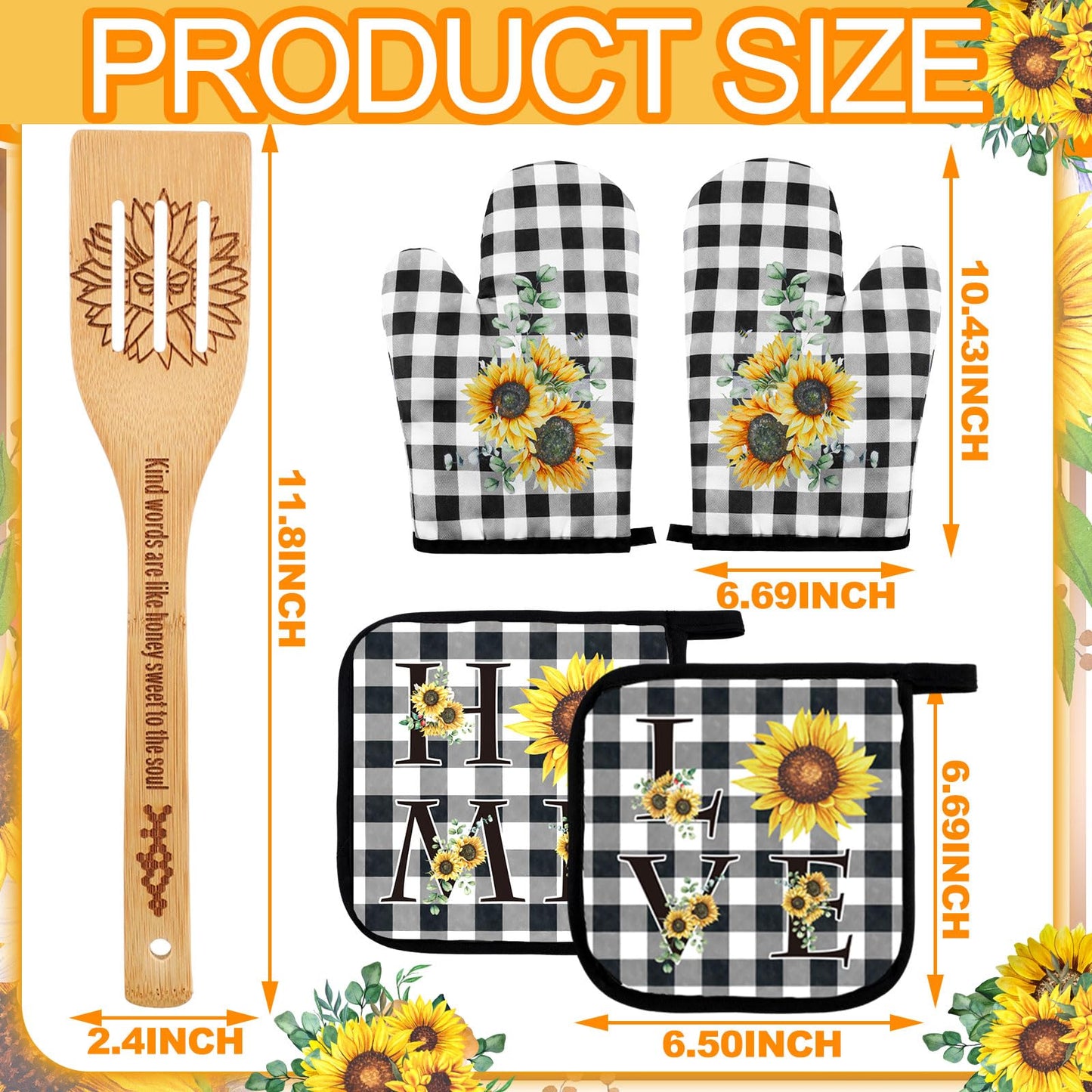 Bencailor 13 Pcs Sunflower Kitchen Set Sunshine Farmhouse Kitchen Decor Rustic Sunflower Dish Towels Retro Yellow Apron Oven Mitts and Pot Holders with Cute Wooden Tableware Set for Home