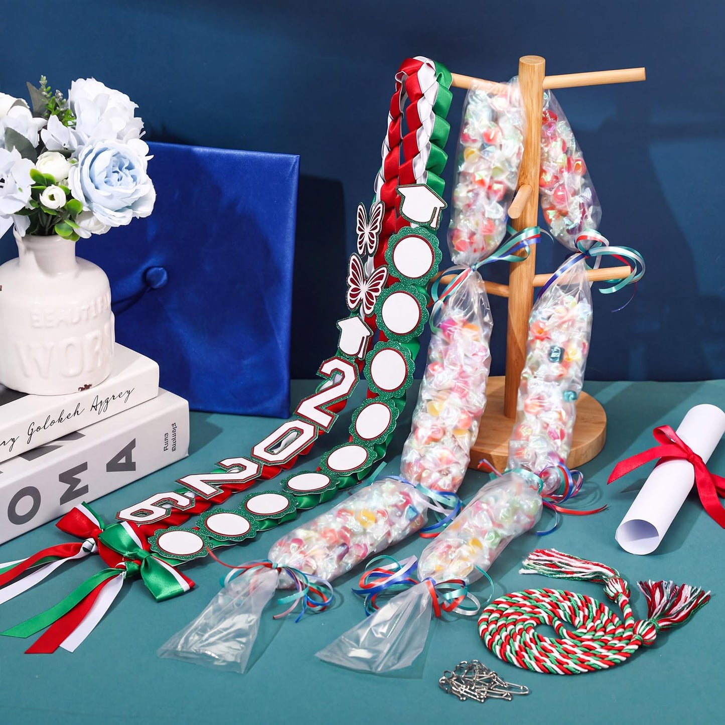 Lyrow Class of 2026 Mexican Graduation Leis Kit, Candy Leis for Graduation 2026 Green and Red Mexican Ribbon Double Lei Necklace Party Accessories