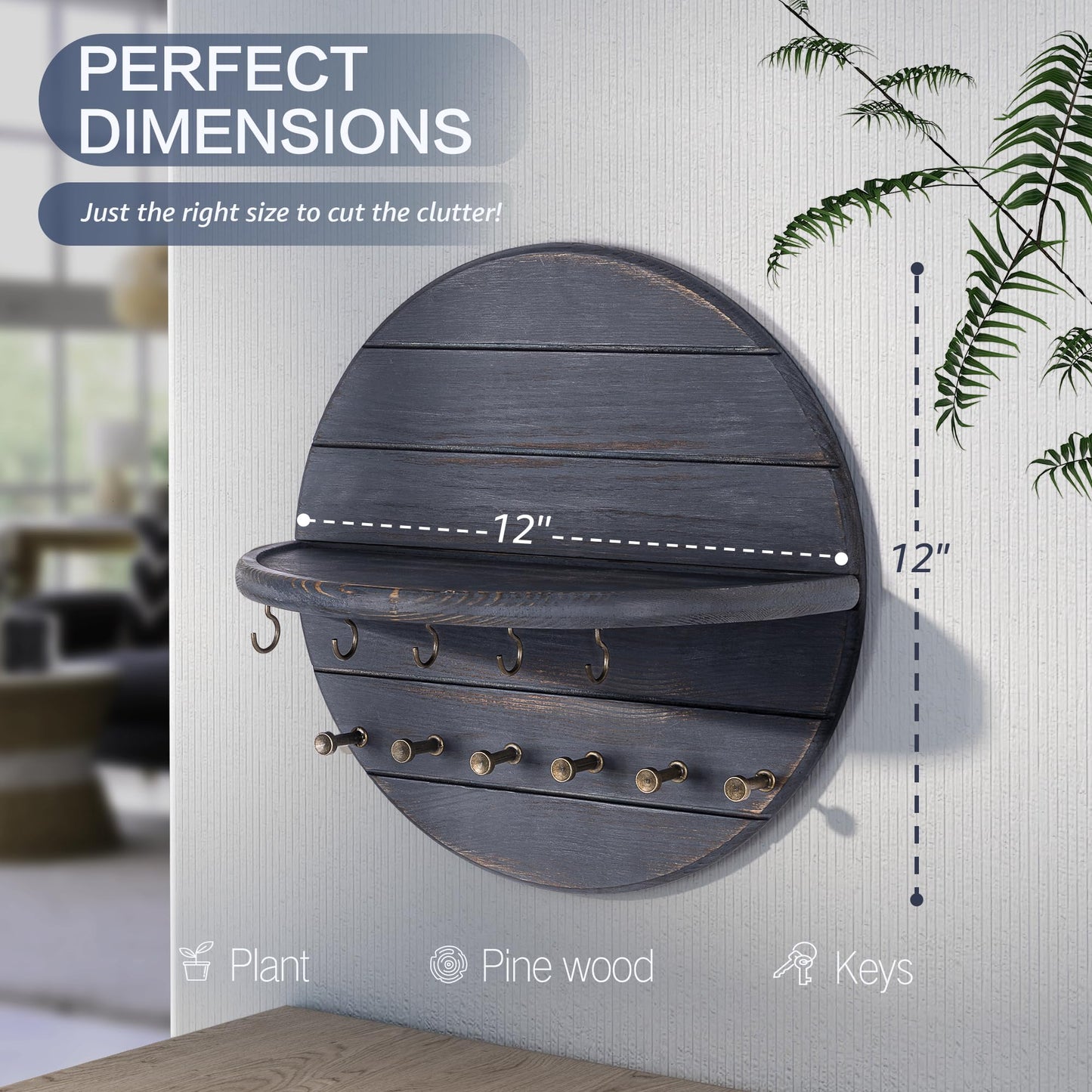 Rebee Vision Pine Wood Rustic Key Holder Wall Mount for Farmhouse Decor – Key and Mail Holder for Wall with Shelf and 11 Hooks – Hanging Mail Organizer for Room Decor Aesthetic (Royal Blue)