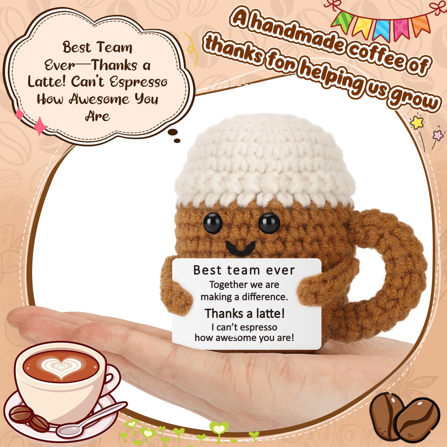 Xinezaa Best Team Coffee Cup Gift, Employee Appreciation for Coworkers, Work, Bestie, Manager, Teacher, Cute Crochet Desk Buddy for Office Cubicle Decor, Team Celebration Thank You Gift