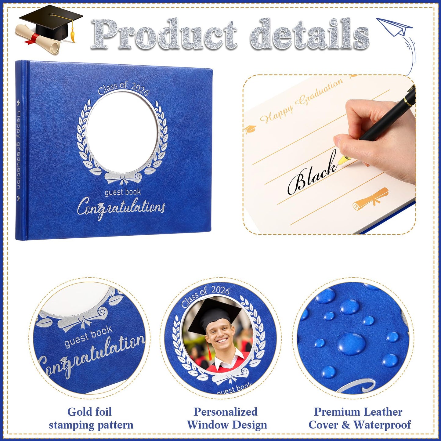 Pasimy Leather Graduation Guest Book with Grad Stand and Signature Pen 2026 Guest Sign in Book Grad Memory Registry Guestbook for College High School Graduation Party Gifts Supplies(Blue Silver)