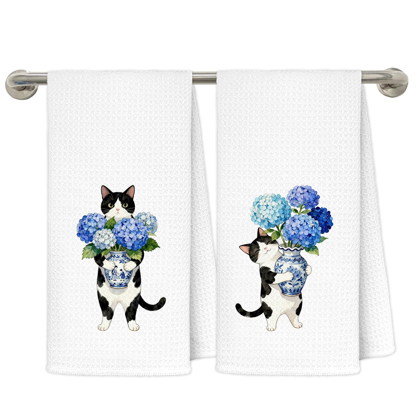 FRZSDVHNM Blue Hydrangea Floral Tuxedo Cat Kitchen Towels, Tuxedo Cat Gifts, Chinoiserie Flower Kitten Decorative Dish Tea Hand Towels for Kitchen Bathroom, 16x24 Inches Set of 2