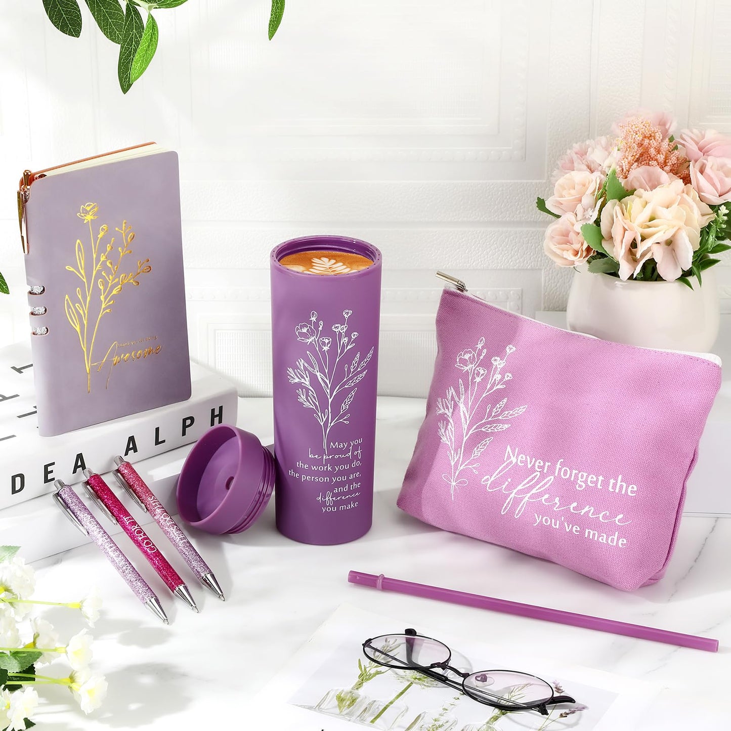 Funnymoom 6 Pcs Employees Appreciation Gift Set for Women, Teacher Principal Appreciation Gifts, Thank You Box for 16 oz Tumbler Makeup Bag Journal Pens Mother's Day for Nurse Mentor Coworke
