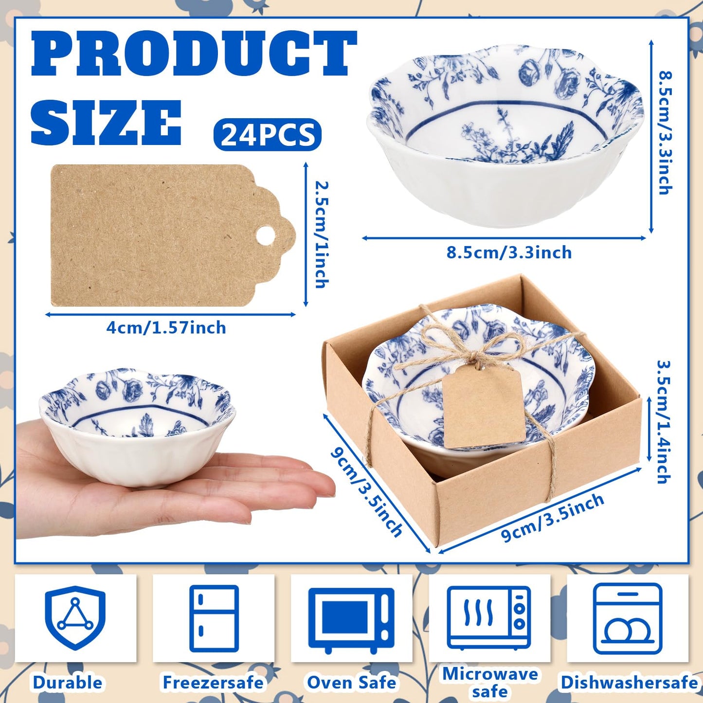 SiliFine 12 Pcs Wedding Favors for Guests Small Ceramic Bowl Bulk Gifts Set 3.3 Inch Floral Design Mini Dipping Sauce Dish with Card Box for Bridal Pooja Baby Shower Birthday (Flower,Blue)