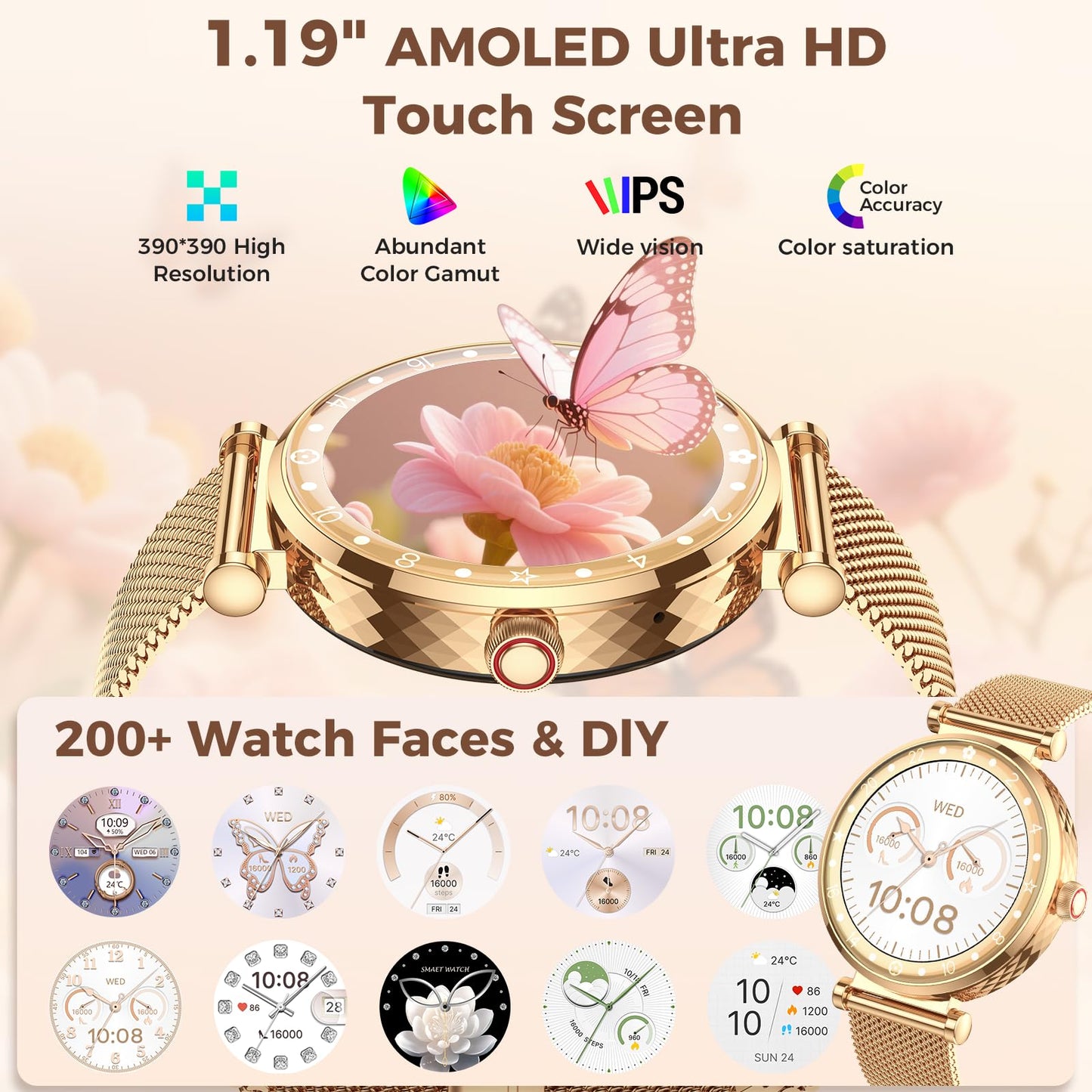 Smart Watch for Women, HD AMOLED Display Fitness Tracker Bluetooth Make/Answer Call, 1.19" Watches with 110+ Sports Modes/Heart Rate/Sleep Monitor/SpO2, Smartwatch IP68 Waterproof for Android iOS