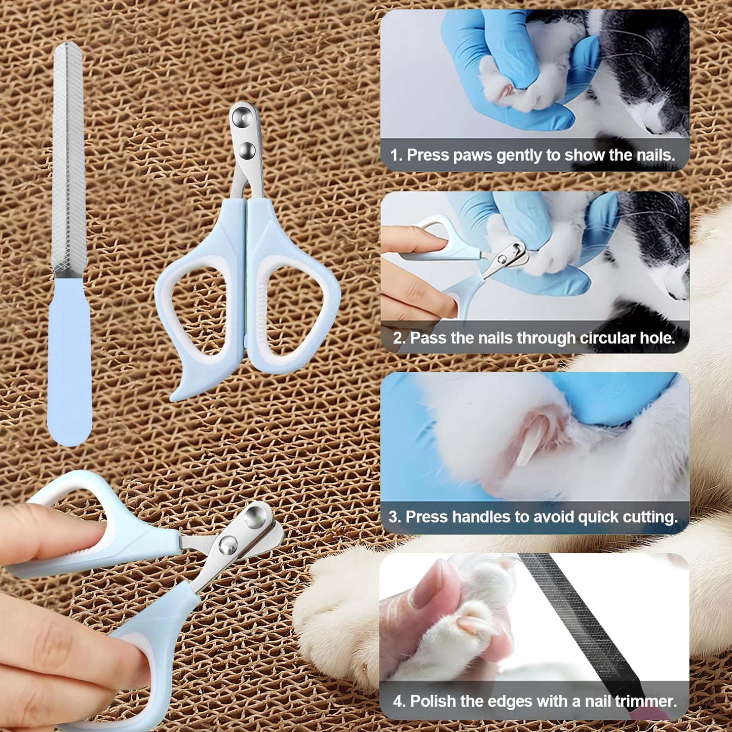 HCHYEY Cat Grooming Kit, 4-in-1 Cat Grooming Tools with Cats Brush, Flea Comb, Nail Clipper & Trimmer - Deshedding & Dematting for Pets Hair and Paws, Pet Shedding Set for Indoor Dogs & Cats (Blue)