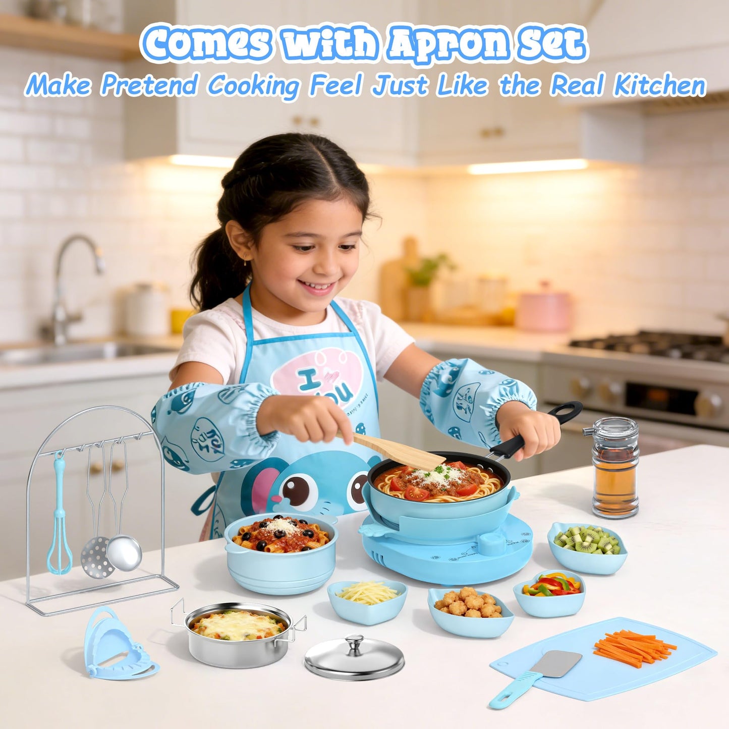 Gotoofun Kids Cooking Set Real for Beginners, 28PCS Mini Kitchen Starter Set with Anti-Slip Safety Guard, Easy Cooking Toys for Boys Girls Ages 8-12, Blue
