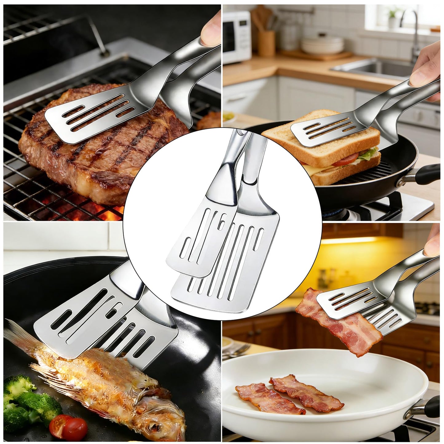 2-in-1 Spatula Tongs for Cooking, Detachable Stainless Steel Grill Clamp Spatula, Multifunctional Kitchen Tongs & Food Turner for Flipping Steaks, Fish, Burgers, Eggs, Dishwasher Safe