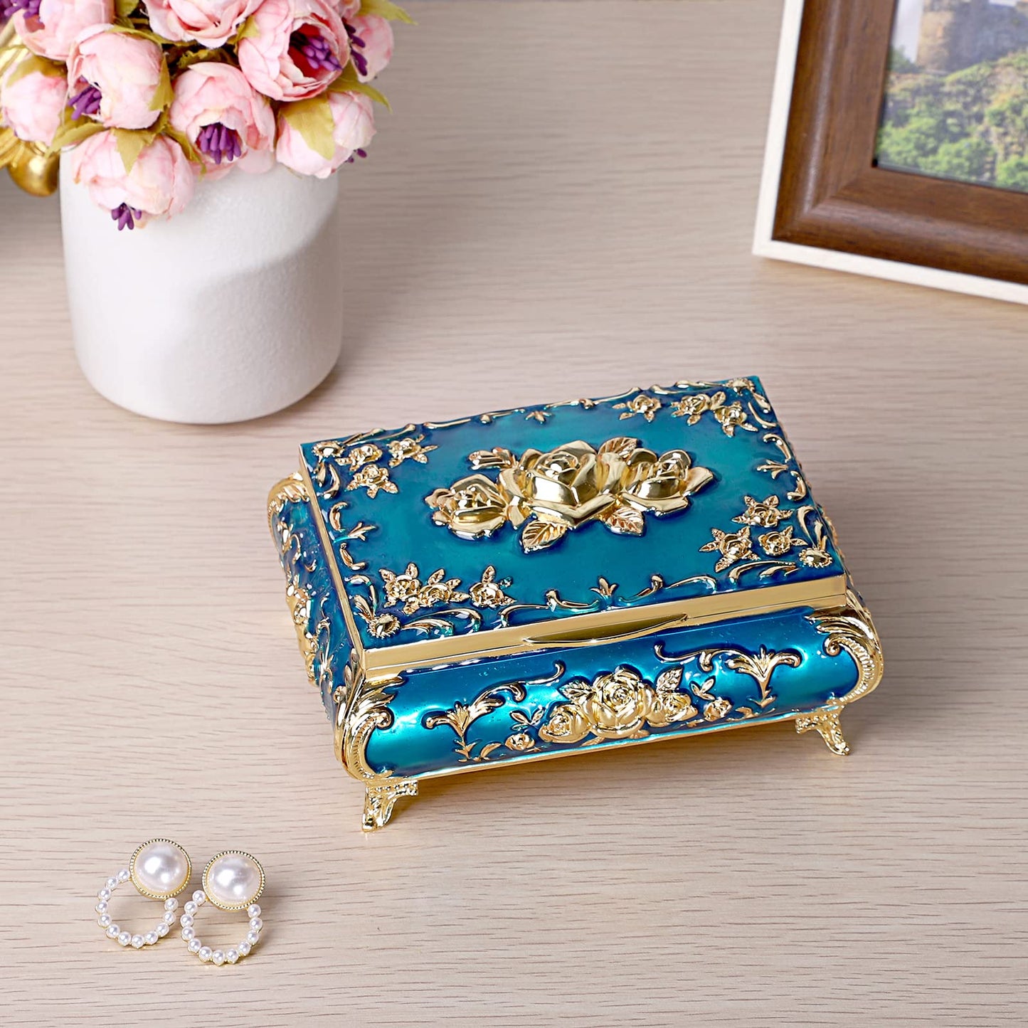 ELLDOO Vintage Music Box, Blue Metal Musical Jewelry Box Keepsake Box, Small Trinket Jewelry Storage Box Gift for Girl Women (Tune: You are My Sunshine)