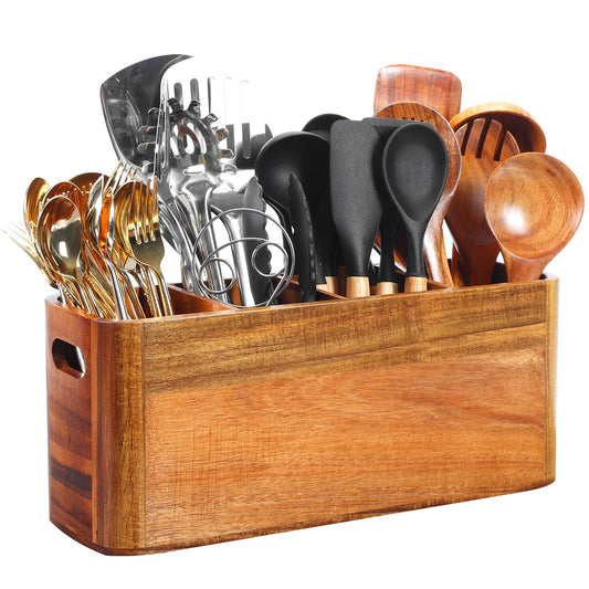 Kitchen Utensil Holder for Counter or Countertop, Extra Large Acacia Wood Organizer with 4 Compartments, Wooden Storage for Cooking and Silverware, Rustic Minimalist Decor, Sturdy Utensil Crock