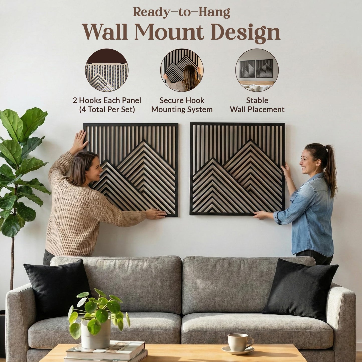 River's Edge Essentials Wood Mountain Wall Art Set of 2 – Large Wooden Wall Decor Panels, Modern Black Geometric Mountain Wall Art for Living Room or Bedroom, 21.5” x 21.5”