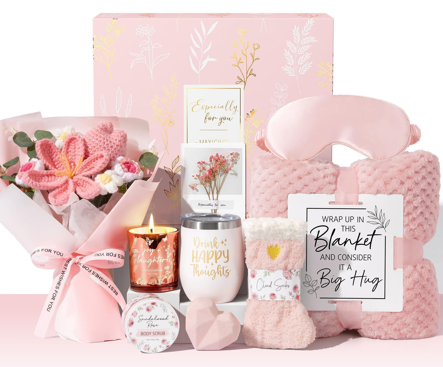 Mothers Day Birthday Gifts for Women Self Care Package Get Well Soon Gift Baskets, Thinking of You Sympathy Spa Gift Set w/ Crochet Flower Bouquet, Unique Gifts for Women Mom Sister Grandma Friends