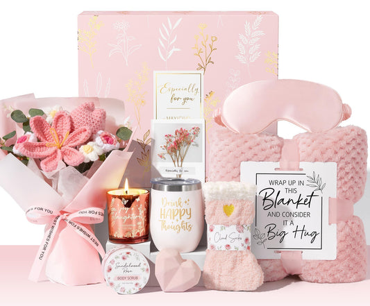 Mothers Day Birthday Gifts for Women Self Care Package Get Well Soon Gift Baskets, Thinking of You Sympathy Spa Gift Set w/ Crochet Flower Bouquet, Unique Gifts for Women Mom Sister Grandma Friends