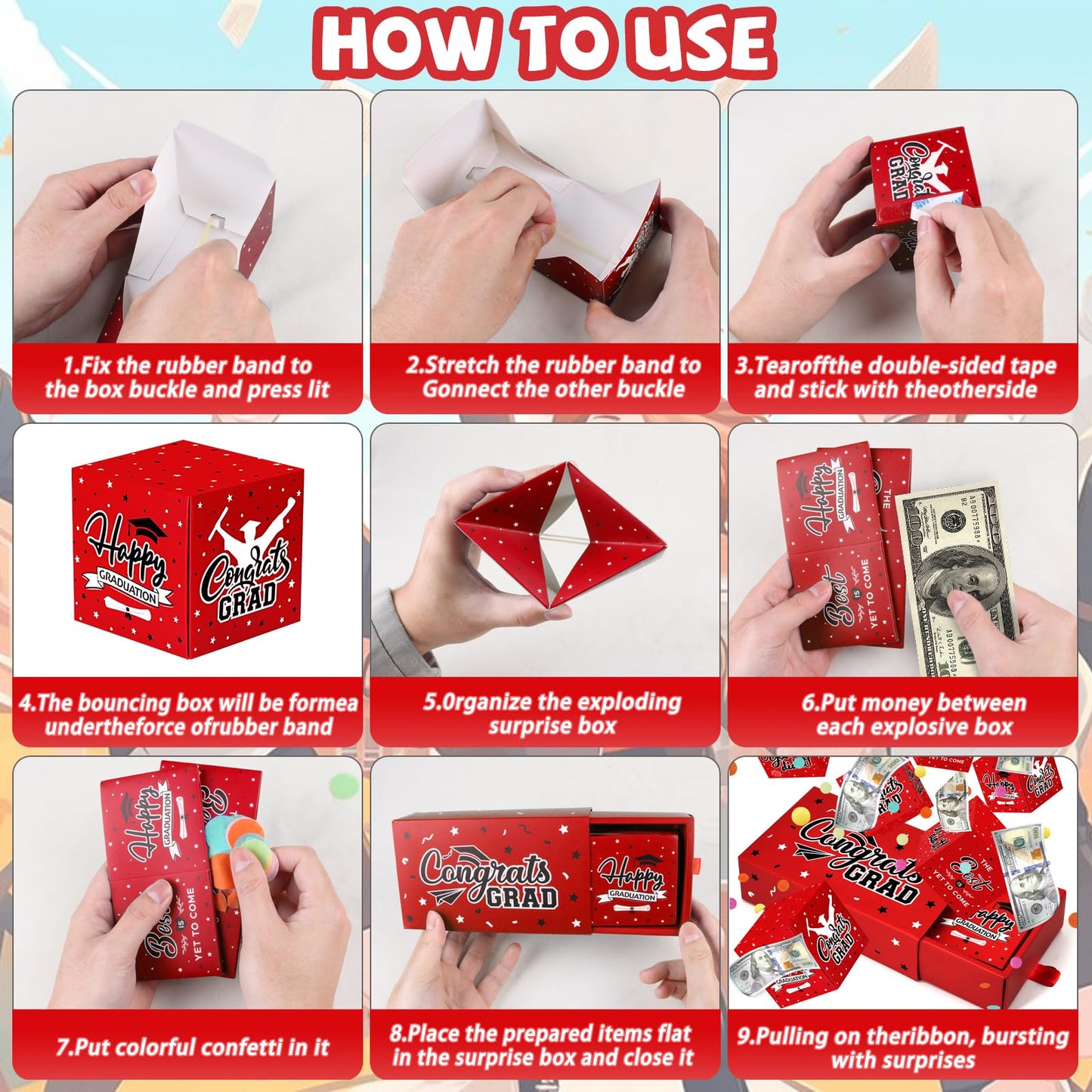 WenmthG 2026 Graduation Surprise Gift Box Explosion for Money - 10 Pcs Grad Pop Out Folding Bounce Money Gift Box with Confetti - Cash Gift Idea for Grad - Graduation Money Bank Party Supply (Red)