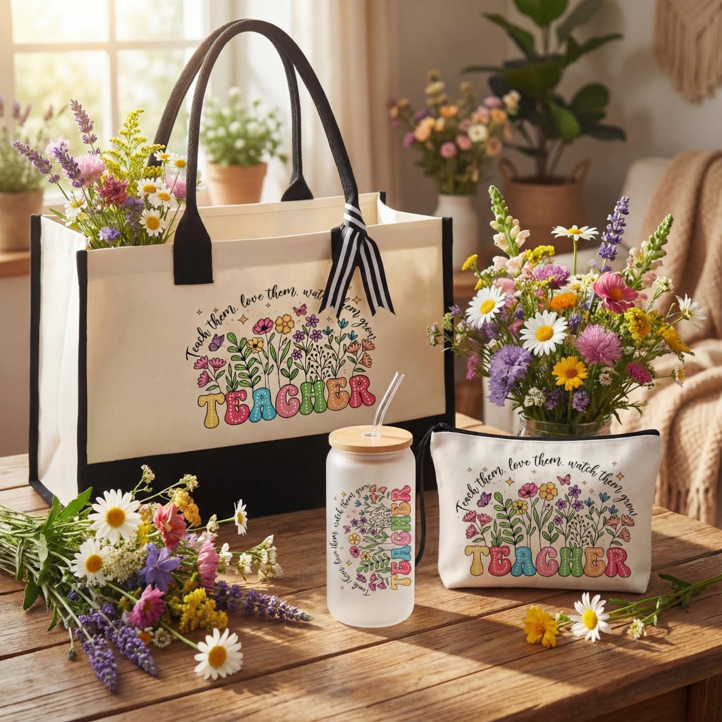 Sanwuta 6 Sets Teacher Appreciation Gifts for Women Thank You End of Year Teacher Gifts Set Include Tote Bag, Makeup Bag & 16oz Glass Cup for Employee Women Graduation Birthday School Office Supplies