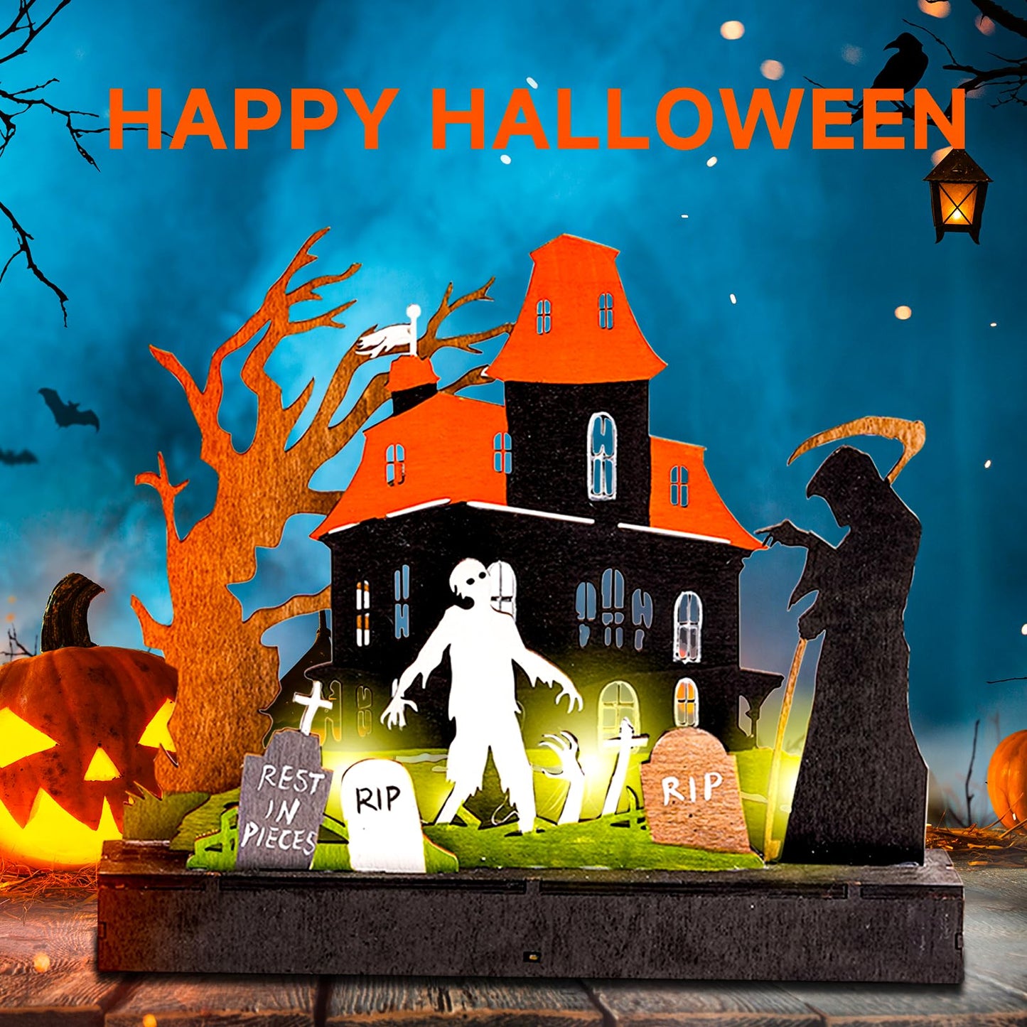 TrisolarSystem 2 Pieces Wooden Halloween Table Decorations Indoor, Festival Decoration Night Light, Witch Tombstone Castle Halloween Decor for Desk Table Fireplace Room Living Room Kitchen Office Bar