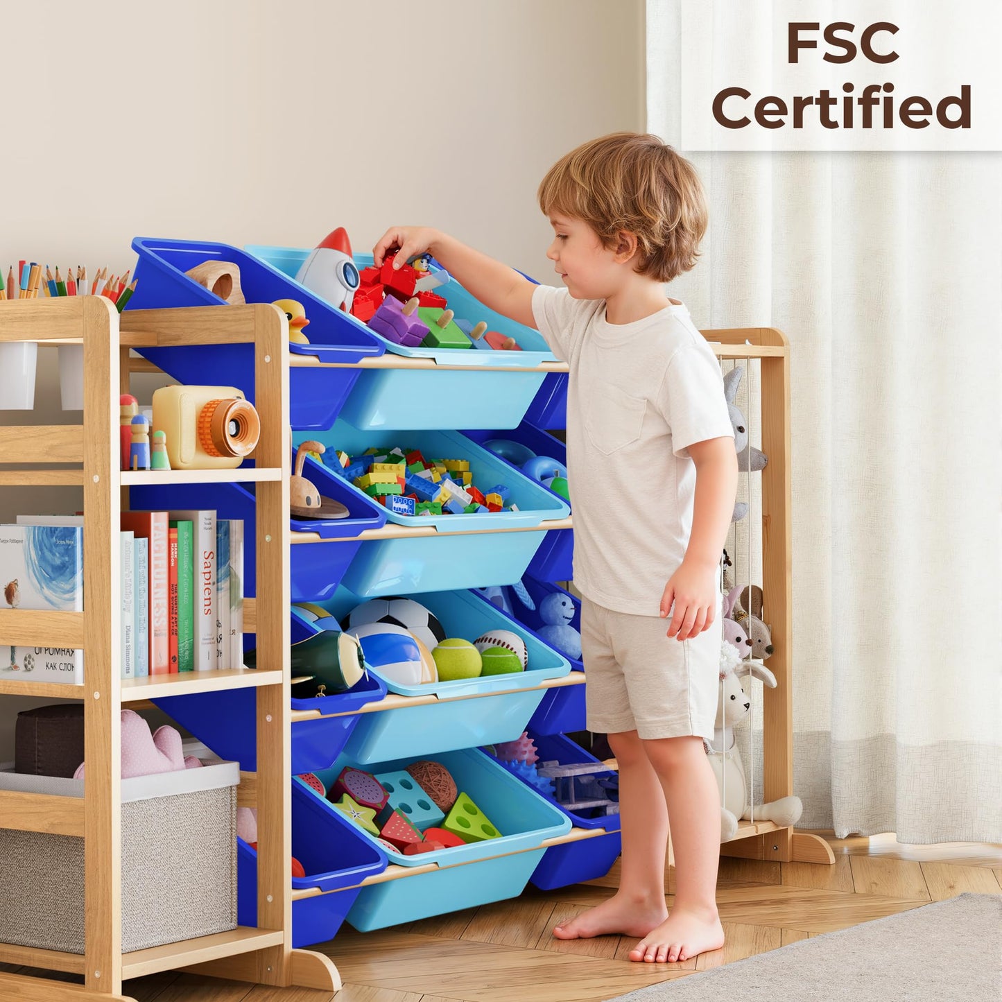 Toy Storage Organizer with Bookshelf and Stuffed Animal Storage - Kids Playroom Organization with Shelves and 12 Toy Bins - Toddler Living Room Toy Box for Lego - Nursery Bedroom Decor Essentials