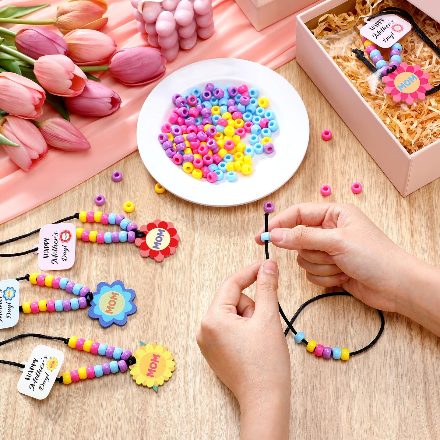 Ferreve 24 Sets Mother's Day Beads Necklace Crafts Kit Mother's Day Gifts DIY Mom Wooden Flowers Necklace Kits Bulk Make Your Own Mom Gifts for Family Classroom Making Party Favors