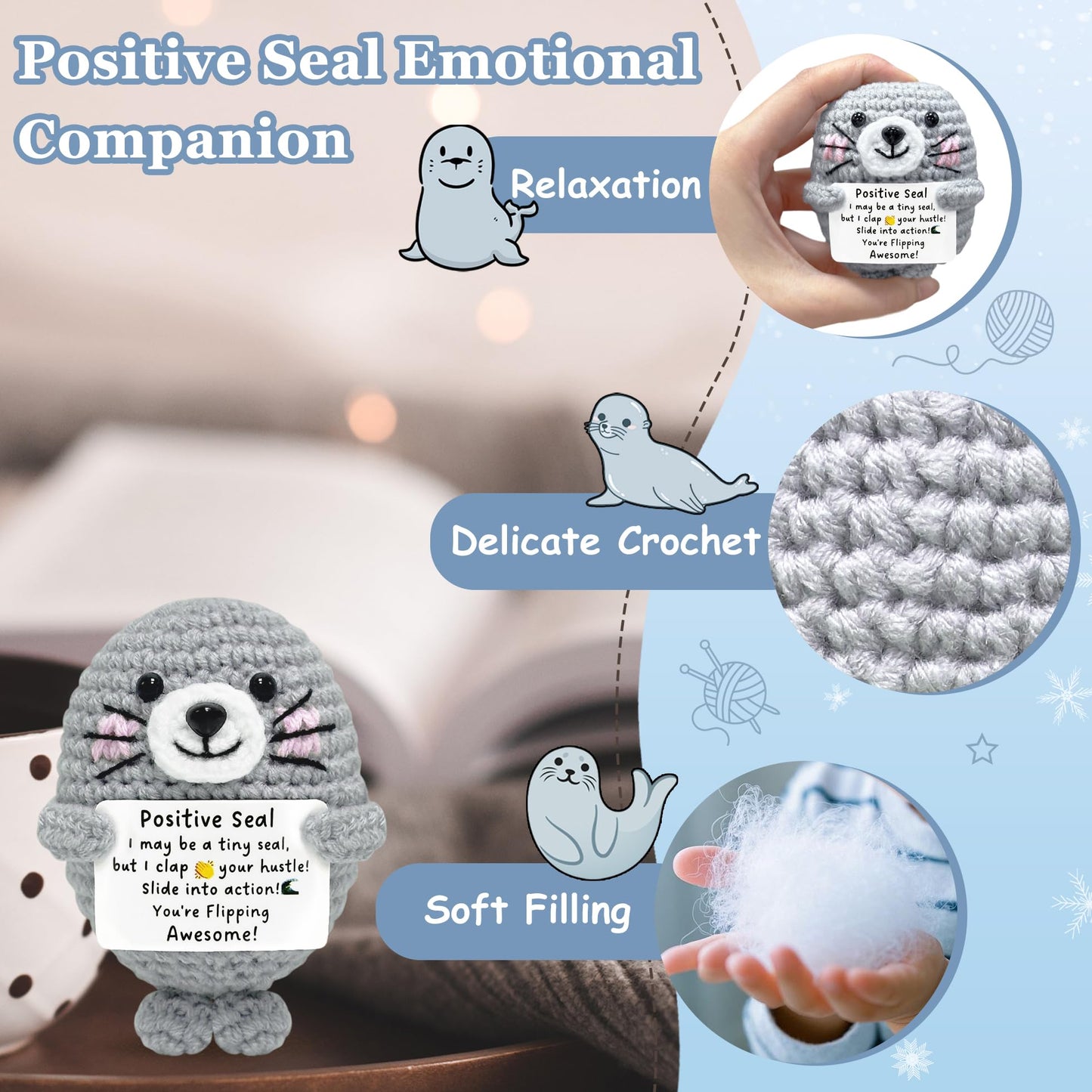 Inspirational Gifts for Women Men Teen - Handmade Emotional Support Crochet Seal, Positive Mothers Day Thanksgiving Gift, Cute Mini Stress Relief Desk Decor for Friend Coworker Her Him