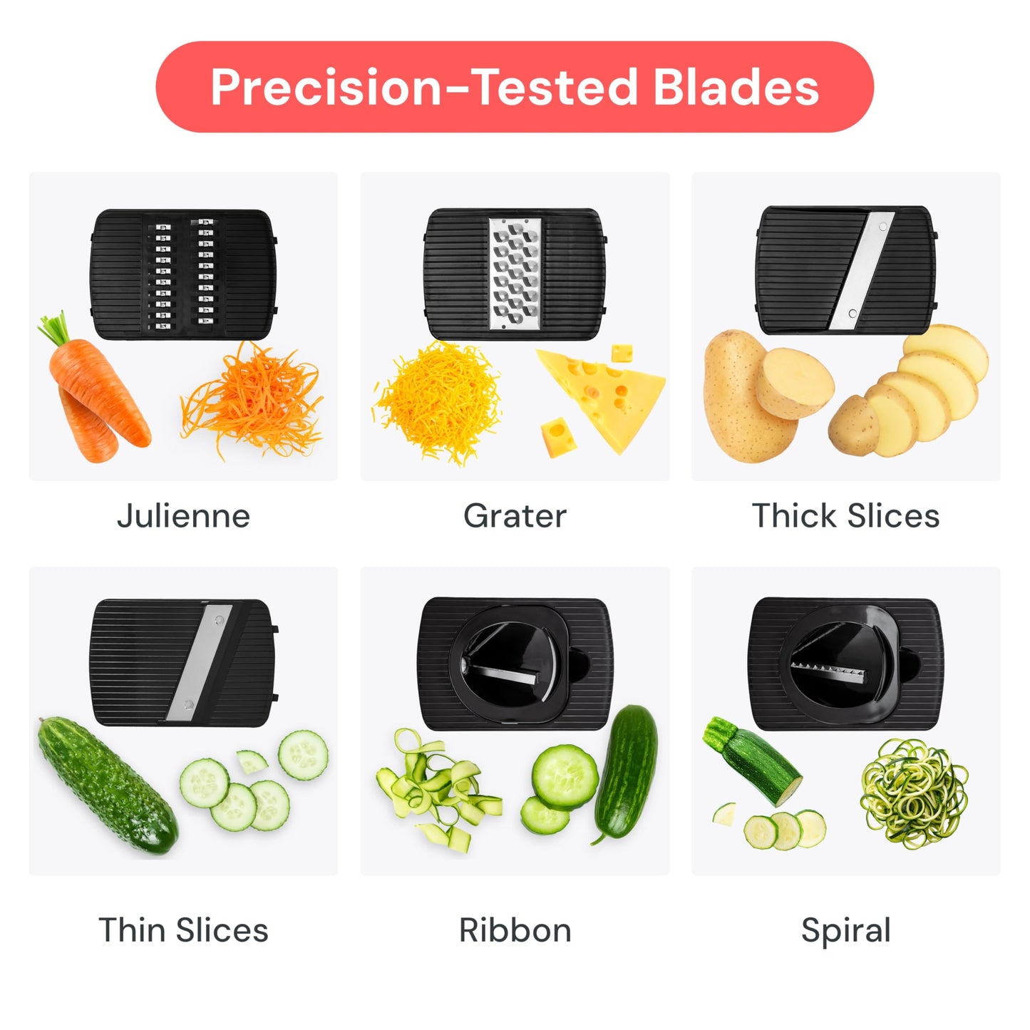 Fullstar Mandoline Slicer for Kitchen, Fruit Cutter, Cheese Grater, Cucumber Slicer, Veggie Spiralizer, Food Cutter & Kitchen Gadgets & Gifts with Safety Glove (6 in 1, Black)