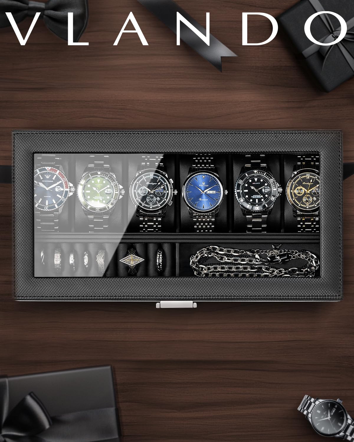 Vlando 6-Slot Watch Case for Men, Watch Box with Glass Lid, Storage for Rings, Keys, Business Textured Leather Organizer Display Case, Soft Pillow, Gifts for Fathers, Dad, Husband - Black