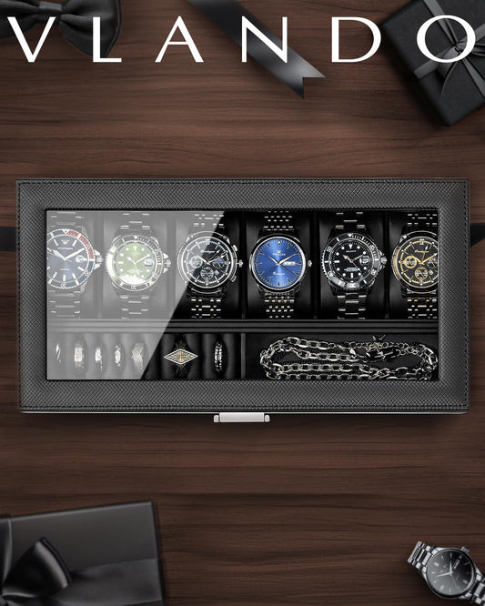 Vlando 6-Slot Watch Case for Men, Watch Box with Glass Lid, Storage for Rings, Keys, Business Textured Leather Organizer Display Case, Soft Pillow, Gifts for Fathers, Dad, Husband - Black