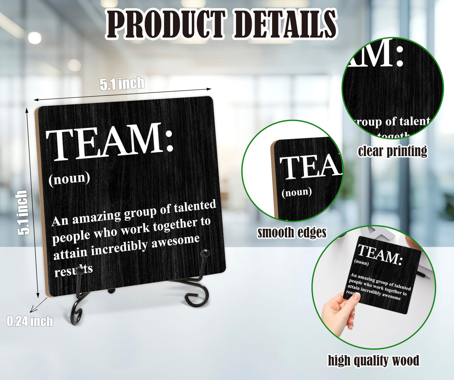 Inspirational Gifts - Team Noun Office Decor, 5.1 x 5.1 Inch Wood Plaque With Stand, Funny Office Desk Decor for Women Men Coworker Boss Team Manager Director (XB03)