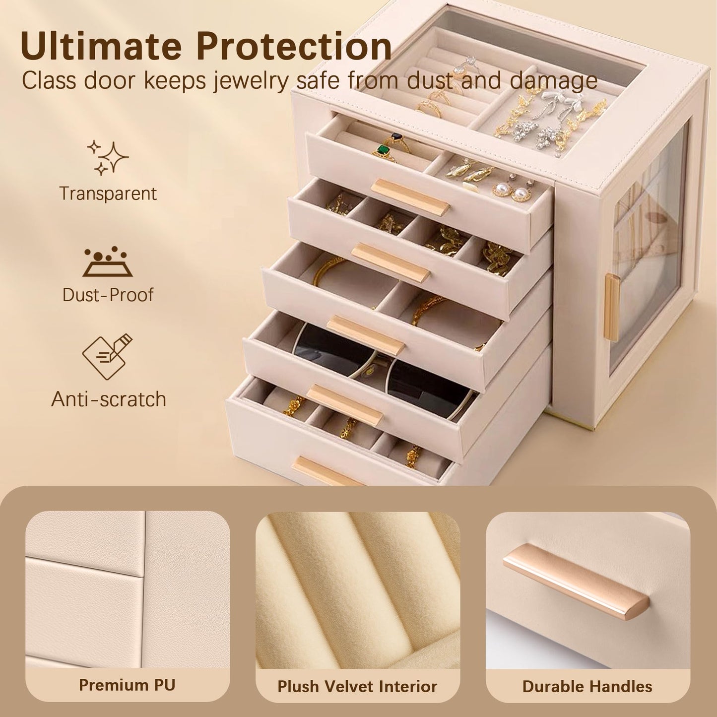 Homeanda Jewelry Box for Women with Glass Lid, 5 Drawers Jewelry Organizer and Storage for Necklaces, Rings, Earrings, Bracelets, Gift for Girls and Teens,PU Leather (Beige)