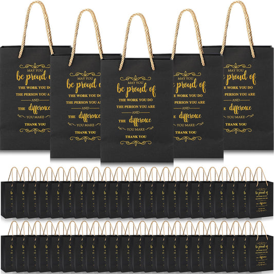 Fulmoon 50pcs Thank You Gifts Bags Employee Appreciation Pape Bags Bulk 5.9 x 3.1 x 8.3'' Inspirational May You Be Proud Gift Sack with Handle for Coworkers Teacher Valentine's Day(Black)