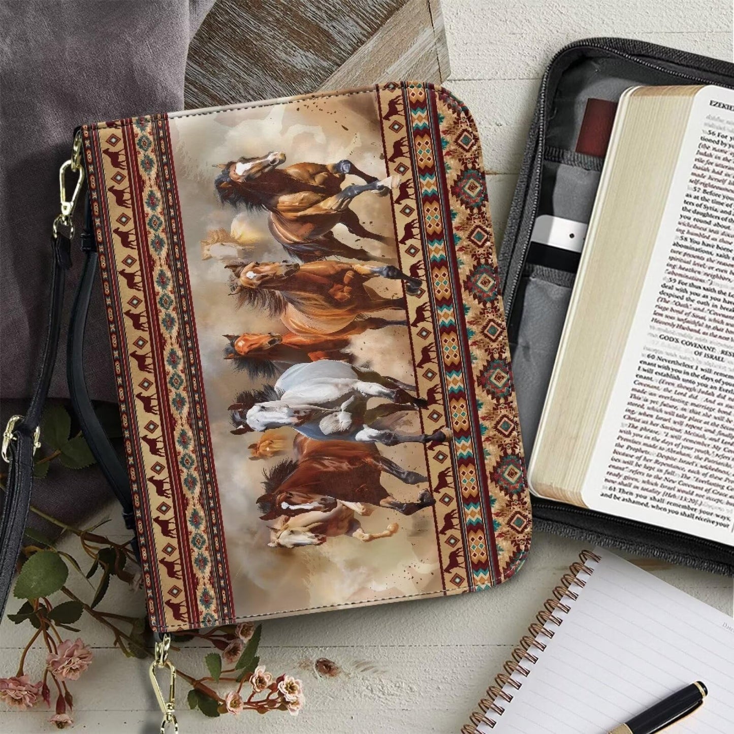 Sktodyaw Large Capacity Bible Book Cover with Horse Navajo Aztec Tribal Print, PU Leather Bible Case with Detachable Strap, Essential for Church,2XL