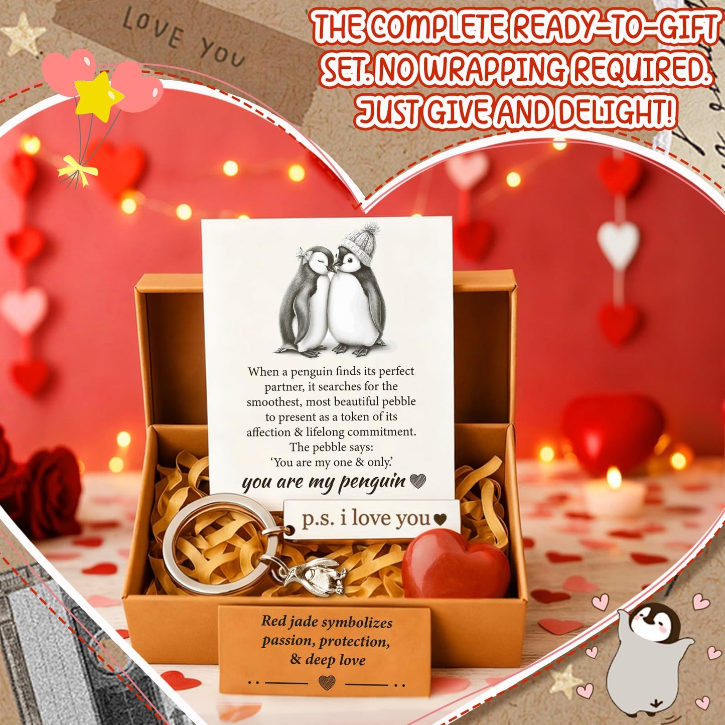 BABYQLO Penguin Gift Box Set - Romantic Anniversary I Love You Presents for Him or Her, Girlfriend, Boyfriend, Fiancee, Wife, Husband - Valentine's Day, Birthday, Engagement & Easter Basket Stuffer