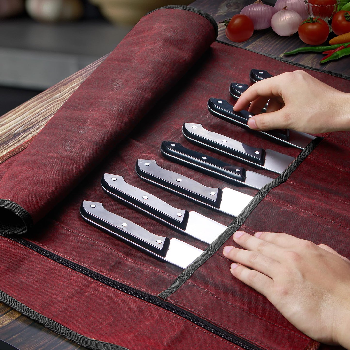 Chef Knife Roll Bag,Waxed Canvas Knife Travel Case,Heavy Duty Professional Knife Carrier Storage Holder with 10 Slots,Portable Kitchen Culinary Tool Organizer for Men,Fits up to 18.8” Knives.Burgundy