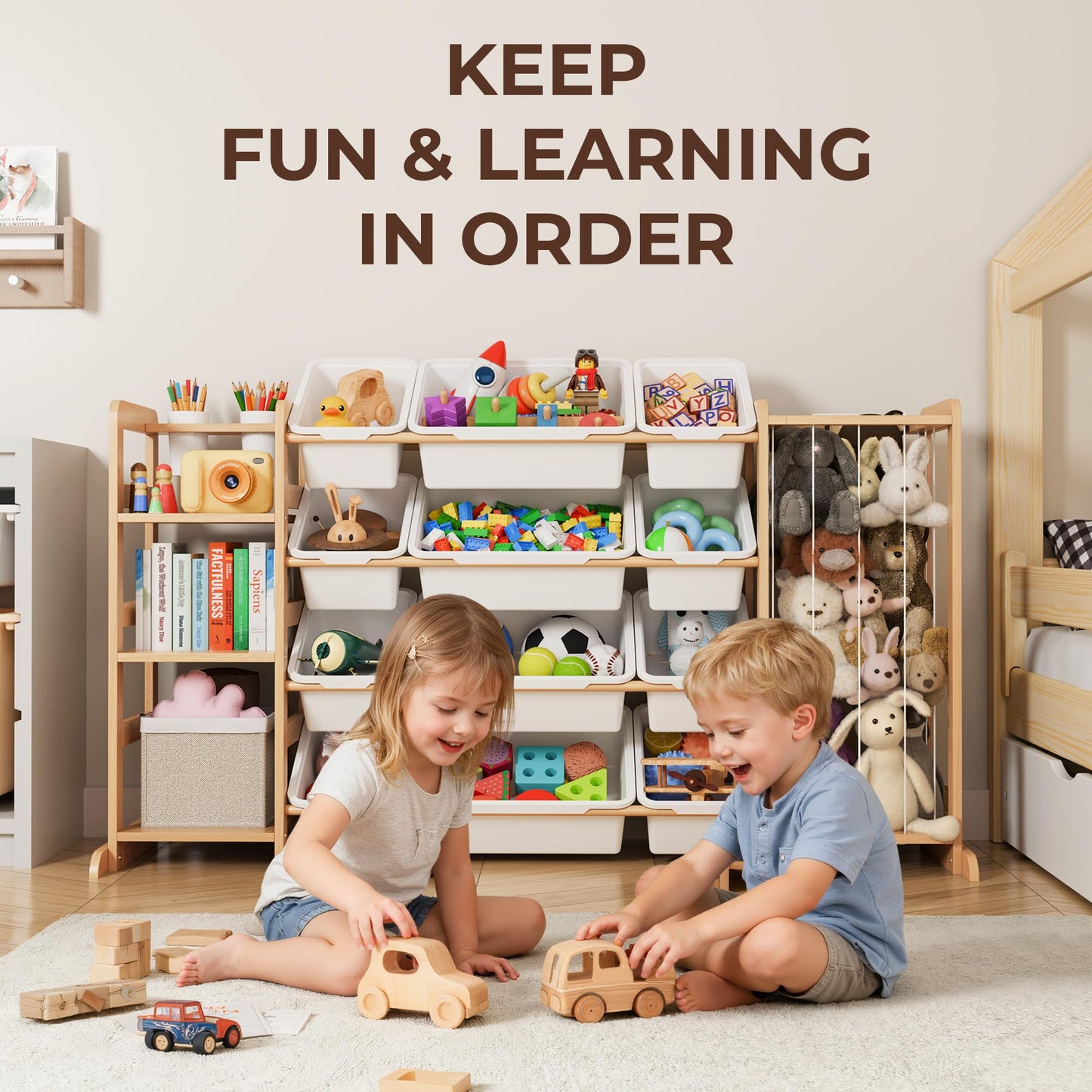 Toy Storage Organizer with Bookshelf and Stuffed Animal Storage - Kids Playroom Organization with Shelves and 12 Toy Bins - Toddler Living Room Toy Box for Lego - Nursery Bedroom Decor Essentials