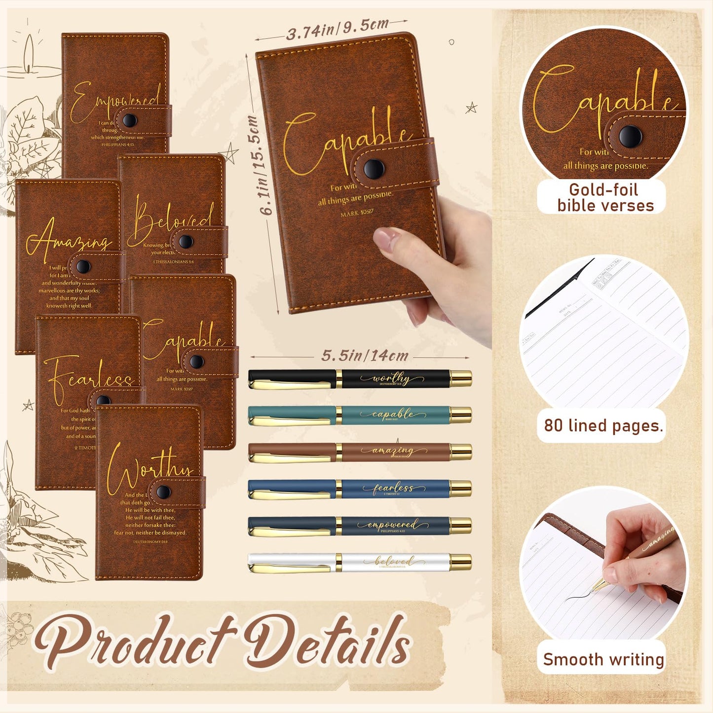 Potchen 18 Pcs Christian Gift Set for Women Men, 13oz Bible Verse Ceramic Coffee Mugs with Leather Journal Pen Inspirational Religious Gifts for Office Coworkers Pastor Church (Bible,Neutral Brown)